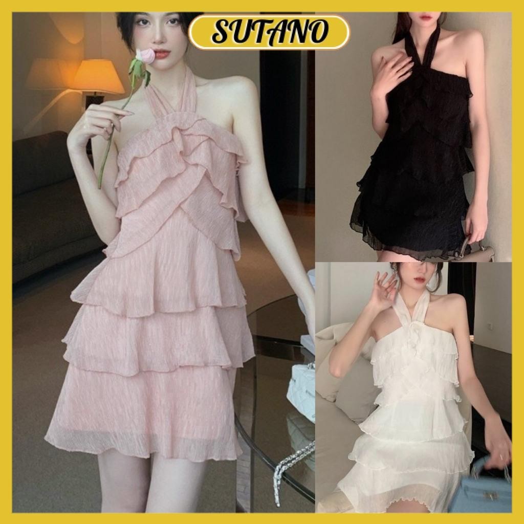 đầm xòe cổ yếm xếp tầng chất voan tơ mềm mại có mút ngực váy tầng tiểu thư đi biển du lịch V72 SUTANO