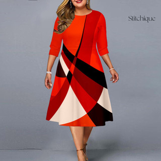 Stitchique _ A-Line Đầm dáng rộng cổ tròn cỡ lớn thời trang in hình học dự tiệc Midi Quần áo nữ