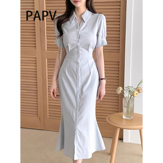 Papv Chic Cổ Lật Đơn Ngực Ngắn Tay Quấn Mông Đuôi Cá Đầm 2835