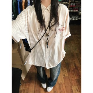 Mùa Hè 2024 Mỏng Retro Ngọt Ngào Đơn Giản Rời Thời Trang Sọc Ngắn Tay Chống Nắng Áo Sơ Mi Top Nữ