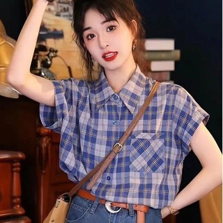 Áo sơ mi kẻ sọc retro chặn màu áo sơ mi tay ngắn nữ mùa hè mới rời kẻ sọc áo sơ mi