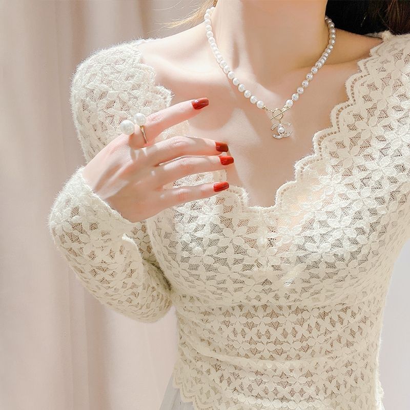 Áo sơ mi ren cổ thấp cho nữ Áo sơ mi ngắn màu trắng bó sát