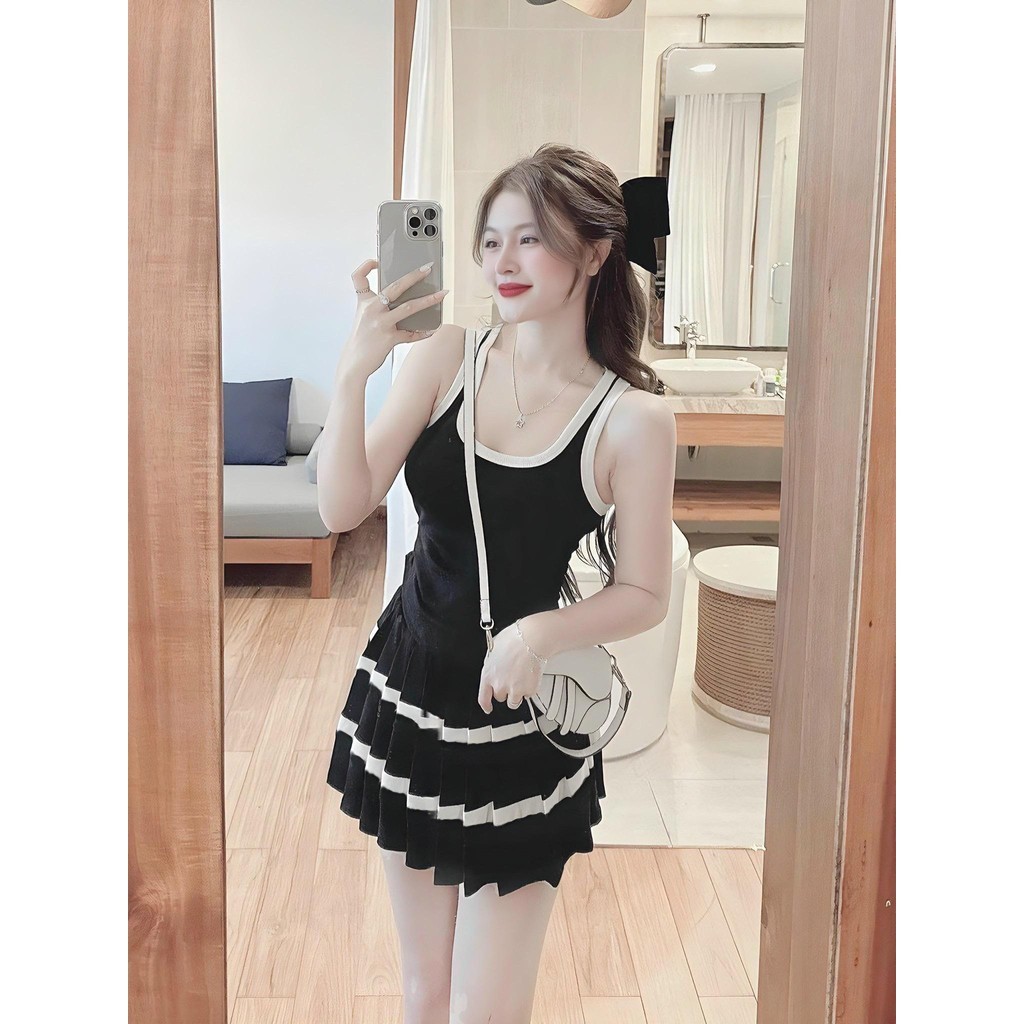 Set Bộ Đồ Nữ Áo Ba Lổ Dáng ôm Body Phối Viền Vạt Lượn Mix Chân Váy Xếp Ly Quần Sọc Ngang Có Lót Trong Thun Tăm 40-95kg | BigBuy360 - bigbuy360.vn