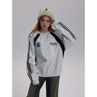 ÁO SWT NỈ THU ĐÔNG 2024 PHỐI MÀU IN CHỮ H TAY SỌC MÀU XÁM FORM RỘNG FREESIZE NAM NỮ TOP WOMEN MEN