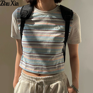 Áo thun nữ Zhu Xia sọc Hàn Quốc cổ tròn tay ngắn thiết kế mùa hè mới nhỏ áo thun ngắn