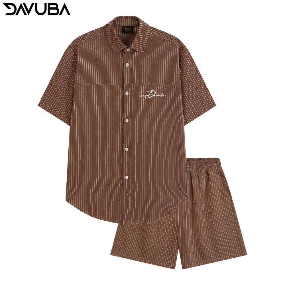 Bộ quần áo DAVUBA kẻ sọc cộc tay nam nữ logo thêu SM130 | BigBuy360 - bigbuy360.vn