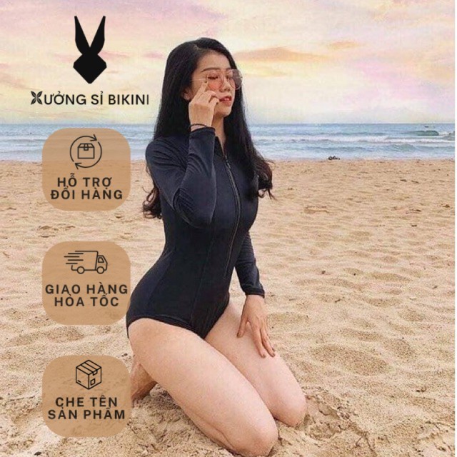 [BIKINI NỮ ĐI BIỂN HOT] Đồ bơi một mảnh có tay khoá kéo Hàn Quốc màu đen chất liệu co giãn thoải mái