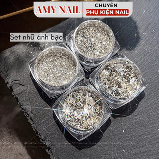Set nhũ mix màu bạc cao cấp, nhũ flash design trang trí móng vân đá siêu đẹp