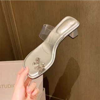 Dép sandal trong suốt gót mỏng có đính đá rhinestone cho phụ nữ, mùa hè 2024, dép cao gót đa năng có kẹp ngoài trời