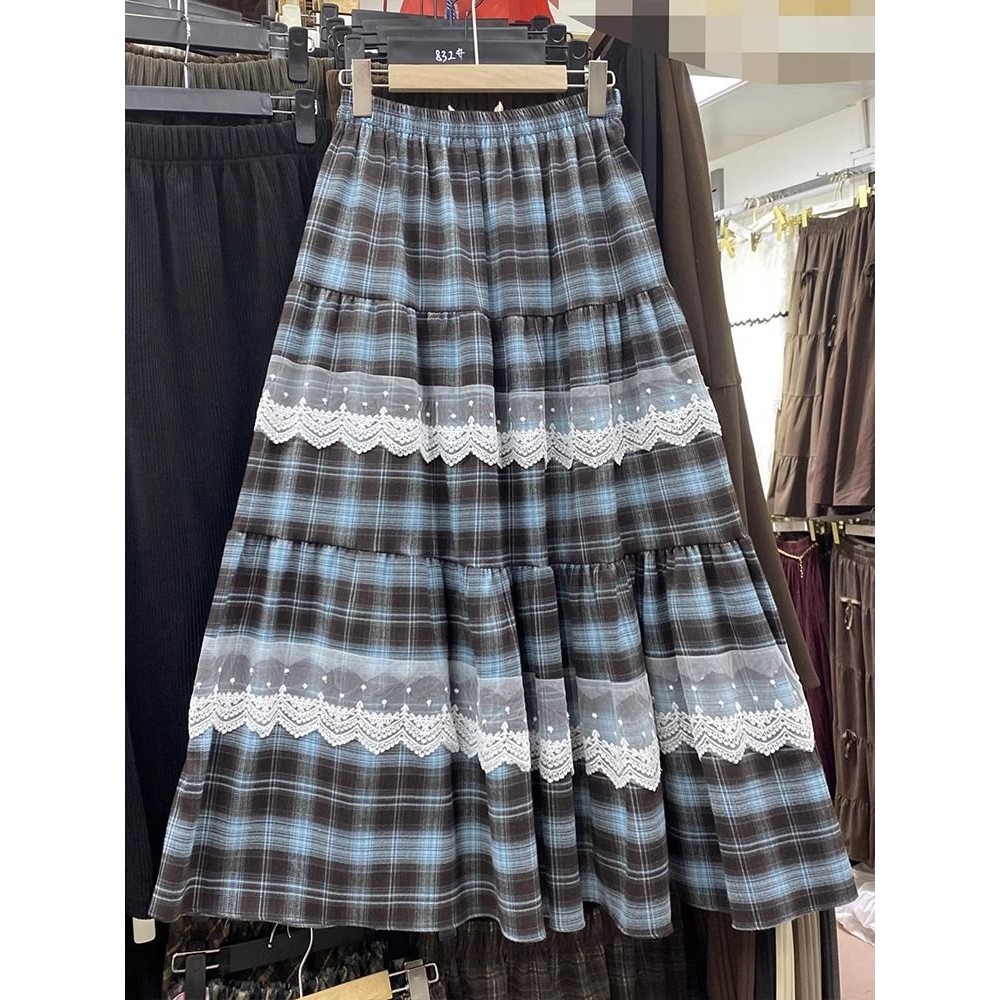 Niche Sweet Mori Girl Ren Tươi Khâu Kẻ Sọc Xanh Phong Cách Phương Tây Váy Nửa Chiều Dài Niche Ngọt M