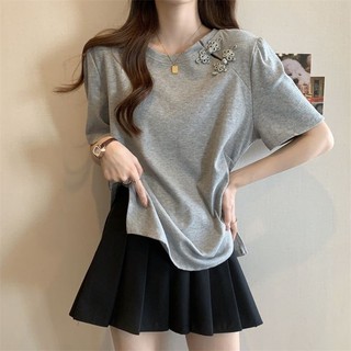 Retro Phong Cách Trung Hoa Áo Thun Nữ Mùa Hè Mới Không Đều Kích Thước Lớn Giảm Béo Đáy Áo Sơ Mi Đa Năng Sang Trọng Tay Ngắn Hàng Đầu