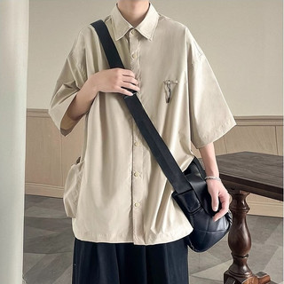 2024 phong cách hàn quốc retro màu trơn nam áo sơ mi tay ngắn dáng rộng tất cả trận đấu áo sơ mi tay ngắn