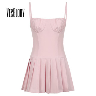 Vesglory nữ xếp ly đầm 2024 thời trang mới xếp ly ngoài vai treo eo mỏng xếp ly váy xếp ly