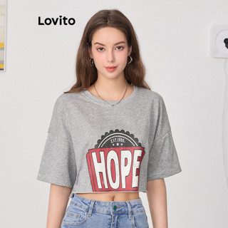 Áo thun Lovito họa tiết chữ viền thô phong cách thường ngày cho nữ L83ED052