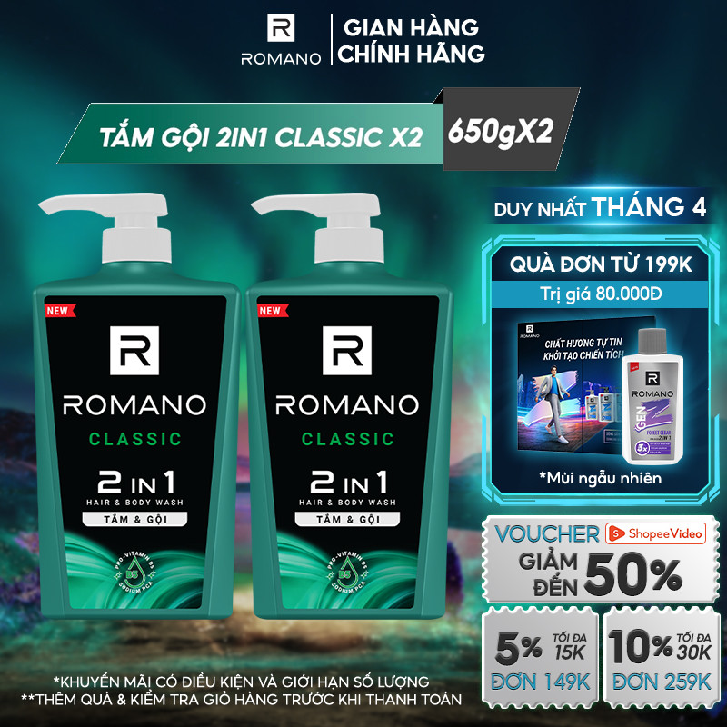 Combo 2 Tắm gội 2 trong 1 Romano Attitude/Gentleman/Force/Classic 2in1 650g/chai