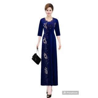 Váy, Đầm  trung niên  chất nhung ép đá hoa kết đá cao cấp size lớn 75kg, Đầm  nhung trung niên hoa kết đá