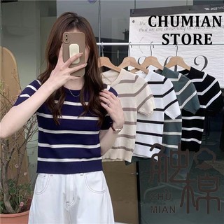 Áo thun nữ tay ngắn dệt kim sọc thiết kế Sense Slim-