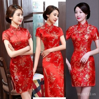 Quà Tặng Ngày Của Mẹ Sườn Xám Đầm Dài Size Lớn Đầm Retro Tay Ngắn Đầm Khiêu Vũ Hiệu Suất Sườn Xám Đầm