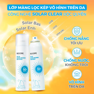 Xịt Chống Nắng Body Mặt RECIPE SPF50+ PA++++ Chống Nước, Không Trôi Recipe Phyto Water Defense Sun Spray 180ml Hello sun