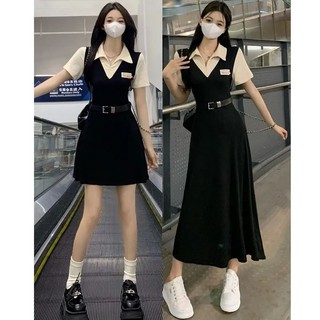 Váy Liền Ngắn Tay Giả Sơ Mi Kiểu Pháp Phong Cách Học Đường Chít Eo, Tôn Dáng