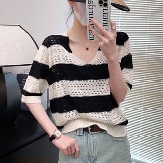 Áo thun sọc rỗng nữ mùa hè mỏng băng lụa ngắn tay cổ chữ V dáng rộng mỏng hơn nhìn tất cả @