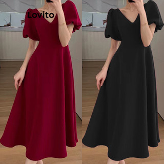 Đầm midi Lovito kiểu chữ A tay ngắn cổ V màu trơn thanh lịch cho nữ LNE09088 (Nhiều màu)