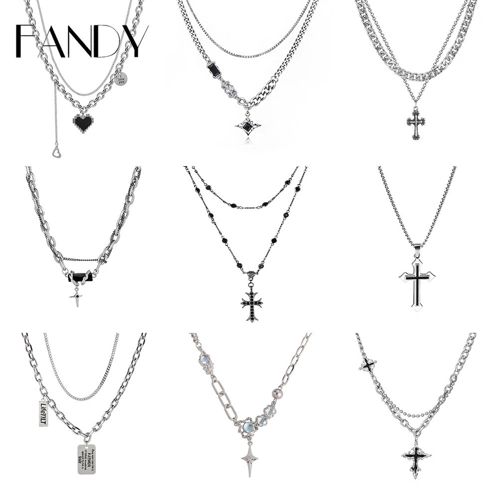 FANDY Vòng cổ Mạ Bạc Nhiều Lớp unisex y2k Phong Cách hip hop