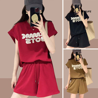 Ayyufe 2 Cái / bộ Áo Thun Nữ Quần Short Phù Hợp Với Cổ Tròn In Chữ Tay Ngắn Dây Rút Hàng Đầu Thắt Lưng Co Giãn Quần Rời Nữ Phù Hợp Với Trang Phục Thường Ngày