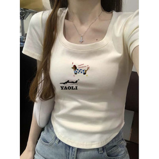 Nữ Tay Ngắn Vai Phải Áo Thun Nữ Mới Cao Cấp Ngắn Rốn Lộn Slim Fit Mỹ Retro Top