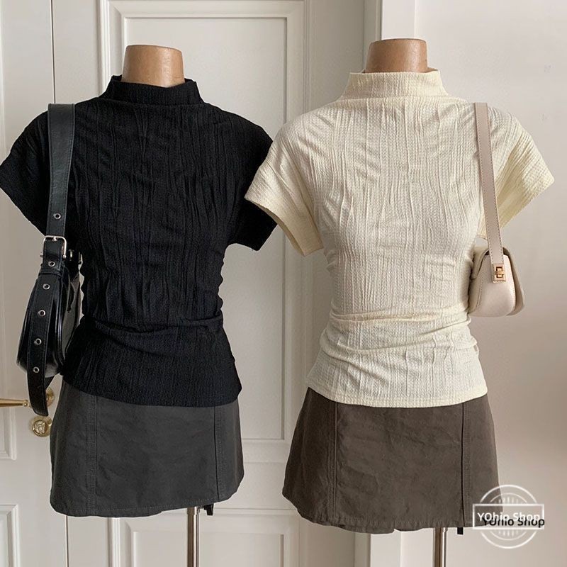 Áo thun nữ cổ cao nửa cổ cao giảm béo màu trơn mùa hè | BigBuy360 - bigbuy360.vn