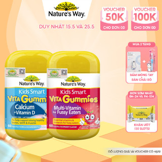 Combo Kẹo Dẻo Vi Chất Cho Bé Nature's Way Kids Smart Vita Gummies Calcium+Vitamin D Và Multi Vitamin Fussy Eaters 60v/h