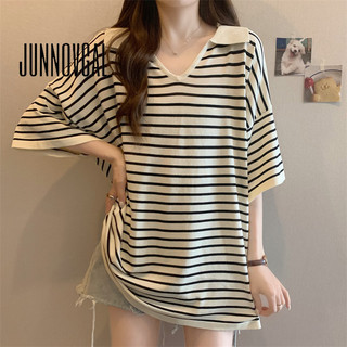 Áo thun nữ JUNNOVGAL dáng rộng vừa vặn cổ chữ V màu sắc tương phản sọc phong cách mới tay ngắn