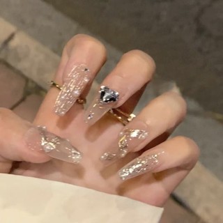Handmade Mặc Móng Tay Flash Full Kim Cương Nhẹ Nhàng Trắng Tính Khí Ngọc Trai Ruy Băng Kho Báu Năm Màu Khỏa Thân Băng Trong Suốt Tình Yêu