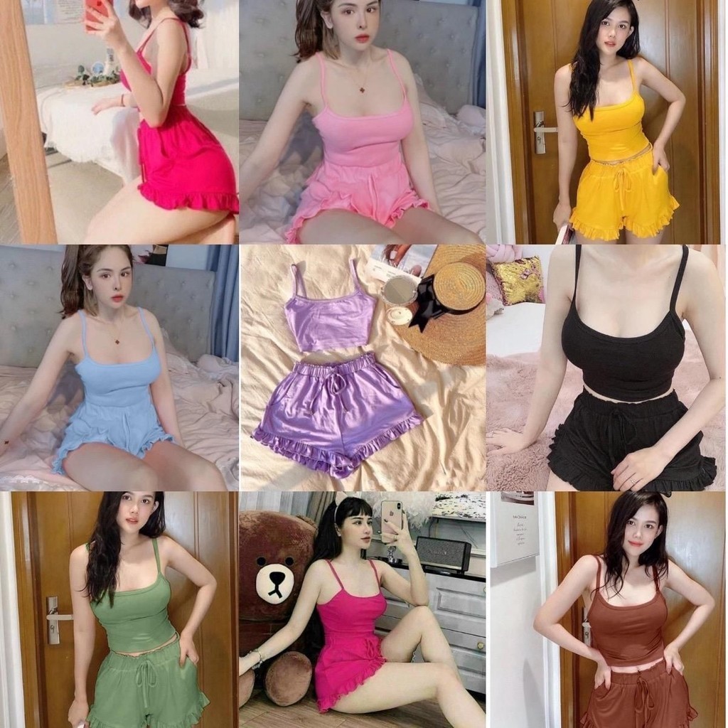 Đồ ngủ, Đồ bộ nữ 2 dây thun đùi mặc nhà Bộ ngủ 2 dây thun chất mát lạnh siêu mát gân tăm mềm mịn mã 