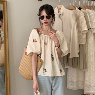 Gạo Mai Màu Hoa Đèn Lồng Áo Thun Nữ Tay Ngắn Mùa Hè Mới Phong Cách Hàn Quốc Thiết Kế Cổ Tròn Thêu Áo Thun Cotton