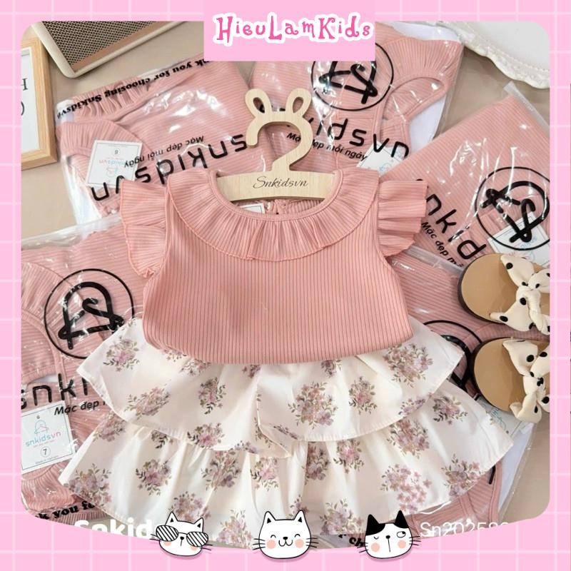 SN13 - Set bộ bé gái, Set áo tăm tay tiên chân váy hoa tầng cho bé gái