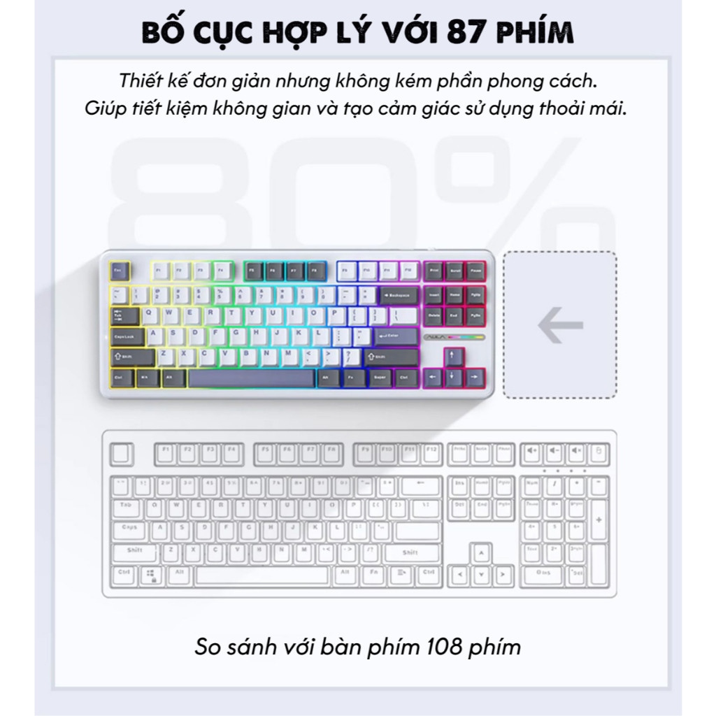 Bàn phím cơ 3 Mode kết nối AULA F87 Hotswap Mạch xuôi Led Viền Gasket Mount LED RGB Keycap PBT | BigBuy360 - bigbuy360.vn