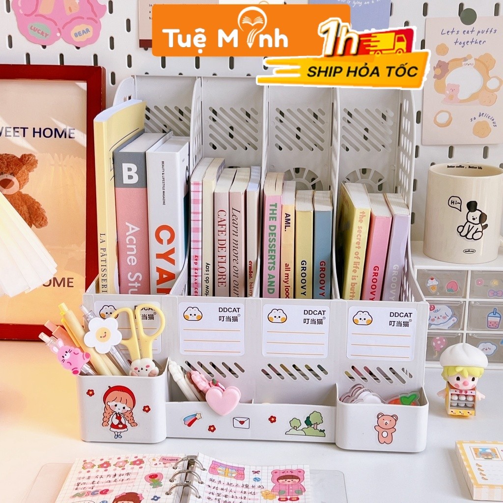 Kệ sách, bút 4 ngăn K80 Kệ sách nhựa để bàn đa năng nhiều ngăn có ống để bút mini tiện dụng