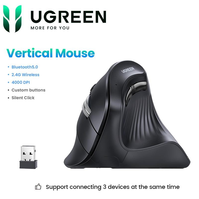 Chuột công thái học Ugreen 25444 MU008, Bluetooth 5.0 + USB 2.4GHz, DPI 1000/1600/2000/4000 Pin AA