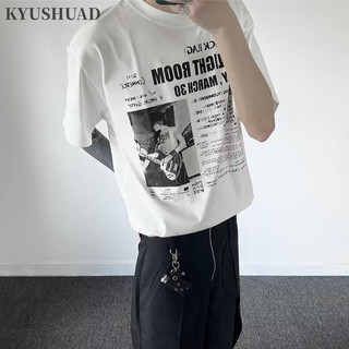 Kyushuad nam tay ngắn kiểu Mỹ cổ điển phong cách Hàn Quốc fashionty nam tay ngắn kiểu Mỹ retro phong cách Hàn Quốc phong cách fashion cotton nguyên chất đường viền cổ áo thun in họa tiết cổ điển