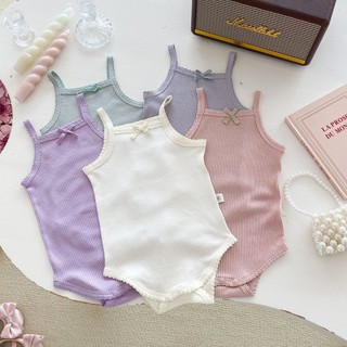 2024 Phong Cách Mới Cho Bé Jumpsuit Mùa Hè Bé Gái Màu Trơn Sling Ren Romper Dễ Thương Nơ Mỏng Phong Cách Áo Liền Quần