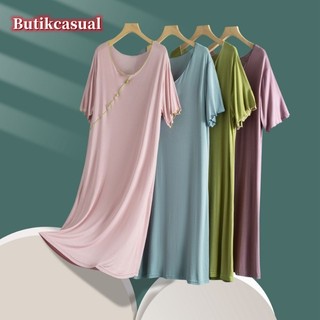 Phụ Nữ modal cotton Đầm midi Cổ v Mỏng Rời Thoải Mái loungewear Mùa Hè 2024 Mới Tay Ngắn Dài Ôm Vừa Vặn Váy Thường Ngày