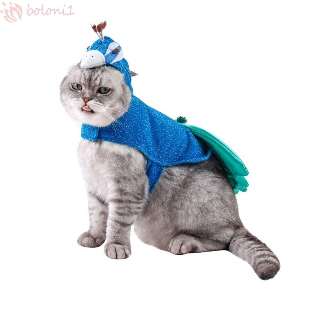[Cod] Trang phục mèo con công xanh, có mũ trang phục hóa trang cho thú cưng con công có thể điều chỉnh, Áo khoác cho chó con Polyester Blue Cat Peacock Áo Hoodie Cosplay