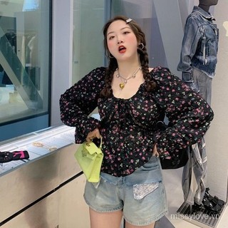 Fat mm Thiết Kế Phong Cách Mới Phù Hợp Với Pháp Áo Sơ Mi Dài Tay Plus Size Top Xuân Hè Niche Áo Sơ Mi Nhỏ Hoa Nữ A4QF