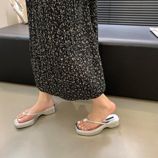 2024 phong cách mới ngọc trai flip-flops gót dày gót thấp flip-flops flip @ -