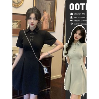 Váy Liền Phong Cách Trung Quốc Cổ Polo Mới Cho Nữ Váy Đen Thon Gọn Sườn Xám Cách Tân Kiểu Mới Mùa Hè