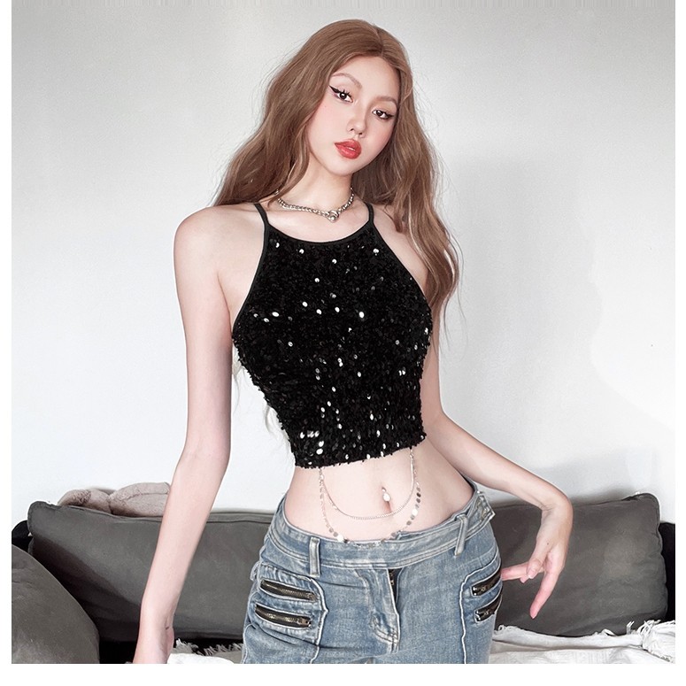  Kliou Mùa Hè Mới Nữ Hot Girl Blingbling Dây Đeo Xe Tăng Nhỏ Top Dây Xích Cao Cấp Ngắn Top 