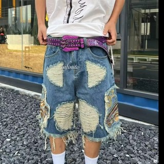 Quần short nam ZenithRose, thiết kế thích hợp đường phố Mỹ, quần năm điểm, quần short denim rách dáng rộng, phù hợp