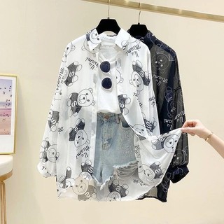 Phiên Bản Hàn Quốc Của Ins Thời Trang Chống Nắng Áo Sơ Mi Voan Dành Cho Nữ Xuân Hè Mới In Hình Dài Tay Mỡ MM Rời Top Giảm Tuổi Và Áo Cardigan Đẹp