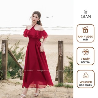  Váy đi biển maxi dáng dài Giian thiết kế cổ yếm bèo vai cách điệu nhún eo tôn dáng vải tơ mềm - VA0774